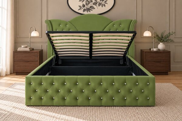 Pat tapițat Chesterfield din catifea Velora Deluxe 140×200 cm, kaki, cu ladă de depozitare