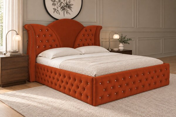 Pat tapițat Chesterfield din catifea Velora Deluxe 140×200 cm, cărămiziu, cu ladă de depozitare