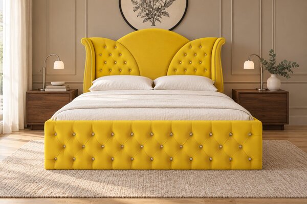 Pat tapițat Chesterfield din catifea Velora Deluxe 140×200 cm, galben muștar, cu ladă de depozitare