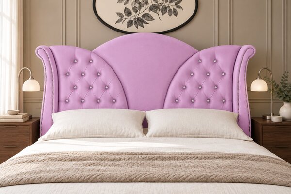 Pat tapițat Chesterfield din catifea Velora Deluxe 140×200 cm, lila, cu ladă de depozitare