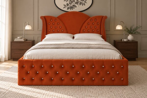 Pat tapițat Chesterfield din catifea Velora Deluxe 140×200 cm, cărămiziu, cu ladă de depozitare