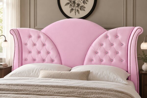 Pat tapițat Chesterfield din catifea Velora Deluxe 140×200 cm, roz, cu ladă de depozitare