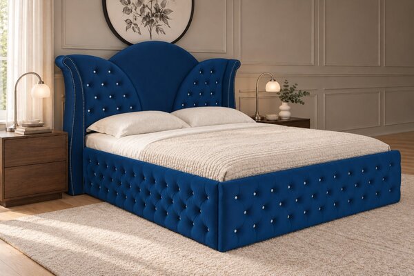 Pat tapițat Chesterfield din catifea Velora Deluxe 140×200 cm, bleumarin, cu ladă de depozitare