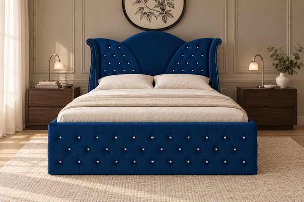 Pat tapițat Chesterfield din catifea Velora Deluxe 140×200 cm, bleumarin, cu ladă de depozitare