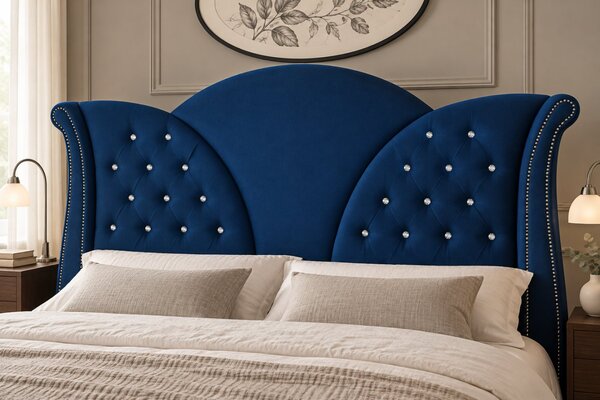 Pat tapițat Chesterfield din catifea Velora Deluxe 140×200 cm, bleumarin, cu ladă de depozitare