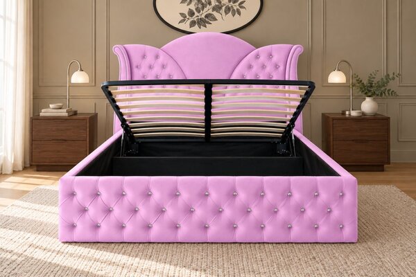 Pat tapițat Chesterfield din catifea Velora Deluxe 140×200 cm, lila, cu ladă de depozitare