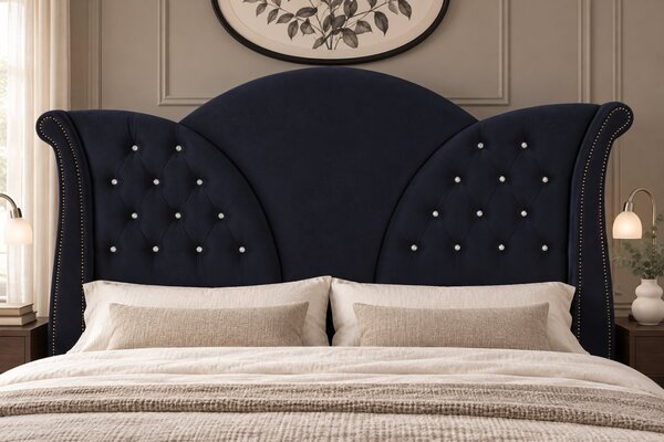 Pat tapițat Chesterfield din catifea Velora Deluxe 140×200 cm, negru, cu ladă de depozitare