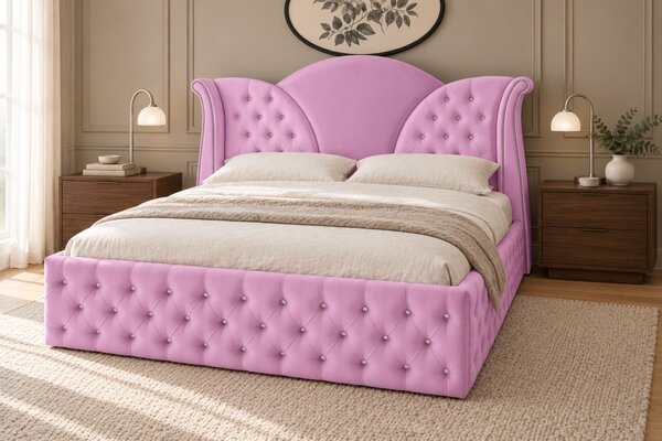 Pat tapițat Chesterfield din catifea Velora Deluxe 140×200 cm, lila, cu ladă de depozitare