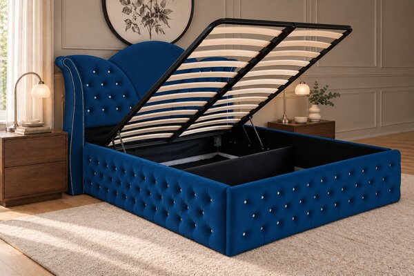 Pat tapițat Chesterfield din catifea Velora Deluxe 140×200 cm, bleumarin, cu ladă de depozitare