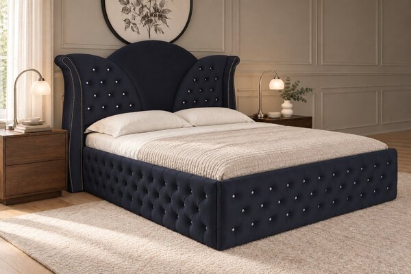 Pat tapițat Chesterfield din catifea Velora Deluxe 140×200 cm, negru, cu ladă de depozitare