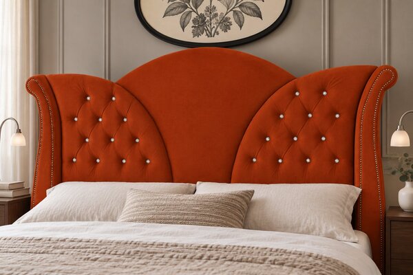 Pat tapițat Chesterfield din catifea Velora Deluxe 140×200 cm, cărămiziu, cu ladă de depozitare