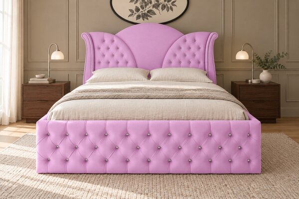 Pat tapițat Chesterfield din catifea Velora Deluxe 140×200 cm, lila, cu ladă de depozitare