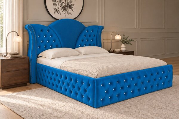 Pat tapițat Chesterfield din catifea Velora Deluxe 140×200 cm, albastru, cu ladă de depozitare