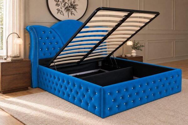 Pat tapițat Chesterfield din catifea Velora Deluxe 140×200 cm, albastru, cu ladă de depozitare