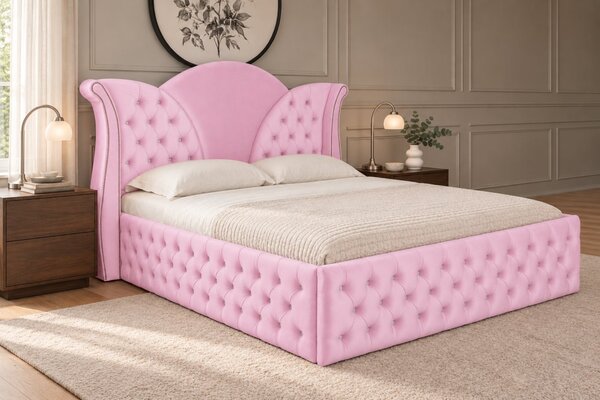Pat tapițat Chesterfield din catifea Velora Deluxe 140×200 cm, roz, cu ladă de depozitare