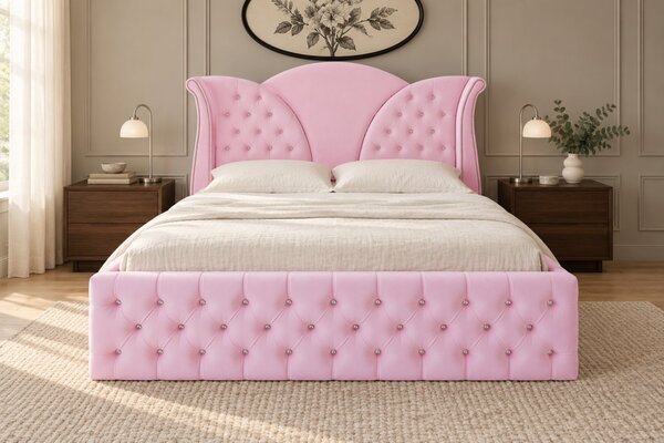 Pat tapițat Chesterfield din catifea Velora Deluxe 140×200 cm, roz, cu ladă de depozitare