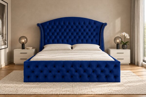Pat tapițat Sorella 140×200 cm, bleumarin, cu ladă de depozitare