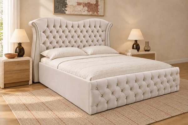 Pat tapițat Chesterfield Avella 140×200 cm, crem, cu ladă de depozitare