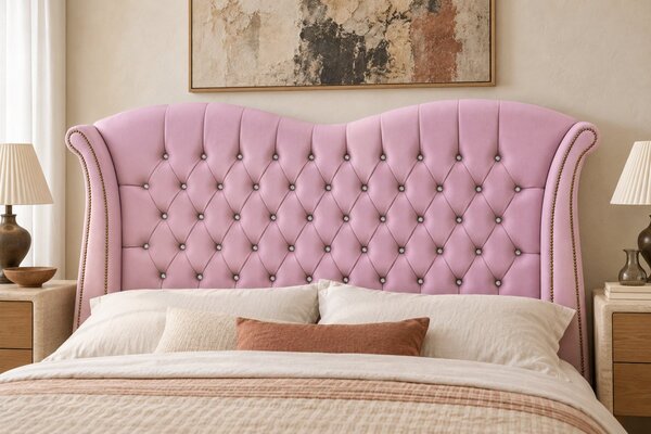 Pat tapițat Chesterfield Avella 140×200 cm, roz, cu ladă de depozitare