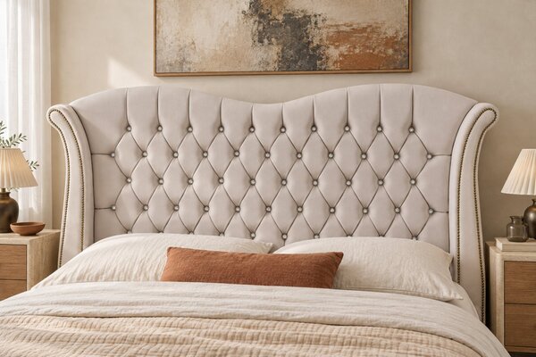 Pat tapițat Chesterfield Avella 140×200 cm, crem, cu ladă de depozitare