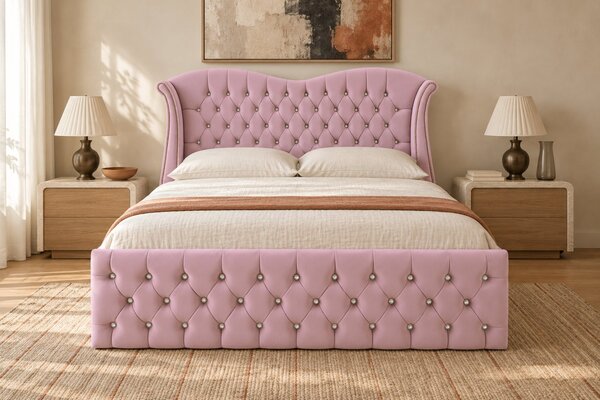Pat tapițat Chesterfield Avella 140×200 cm, roz, cu ladă de depozitare