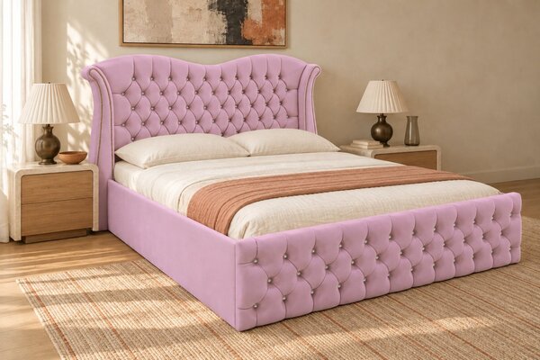 Pat tapițat Chesterfield Avella 140×200 cm, roz, cu ladă de depozitare