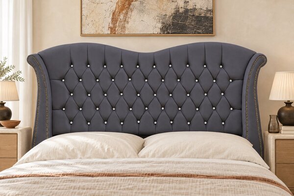 Pat tapițat Chesterfield Avella 140×200 cm, gri închis, cu ladă de depozitare