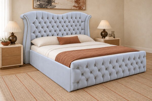 Pat tapițat Chesterfield Avella 140×200 cm, gri deschis, cu ladă de depozitare