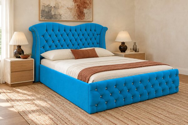 Pat tapițat Chesterfield Avella 140×200 cm, albastru deschis, cu ladă de depozitare