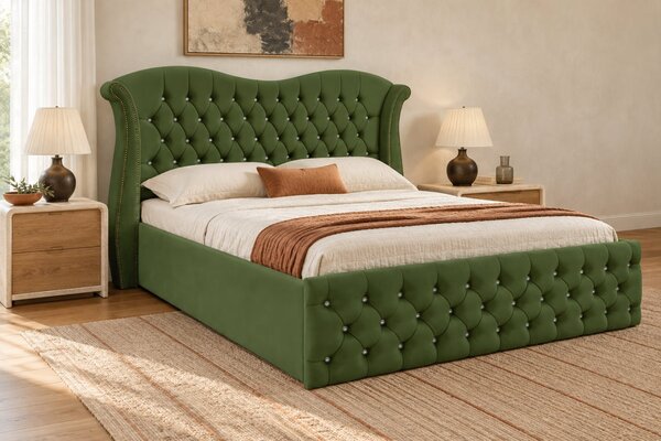 Pat tapițat Chesterfield Avella 140×200 cm, kaki, cu ladă de depozitare