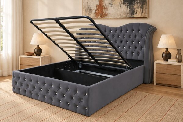 Pat tapițat Chesterfield Avella 140×200 cm, gri închis, cu ladă de depozitare