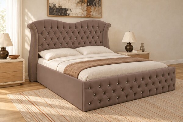 Pat tapițat Chesterfield Avella 140×200 cm, cappuccino, cu ladă de depozitare