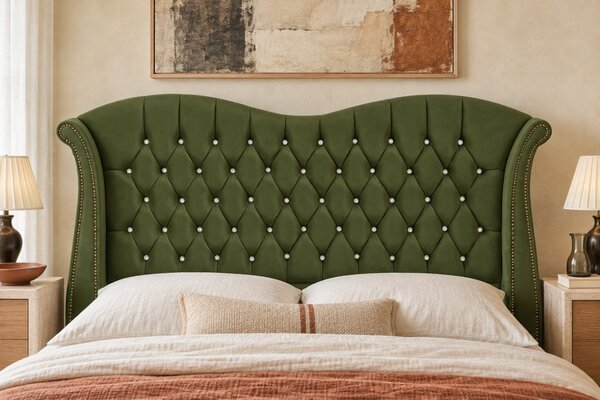 Pat tapițat Chesterfield Avella 140×200 cm, kaki, cu ladă de depozitare