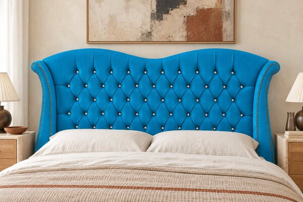 Pat tapițat Chesterfield Avella 140×200 cm, albastru deschis, cu ladă de depozitare