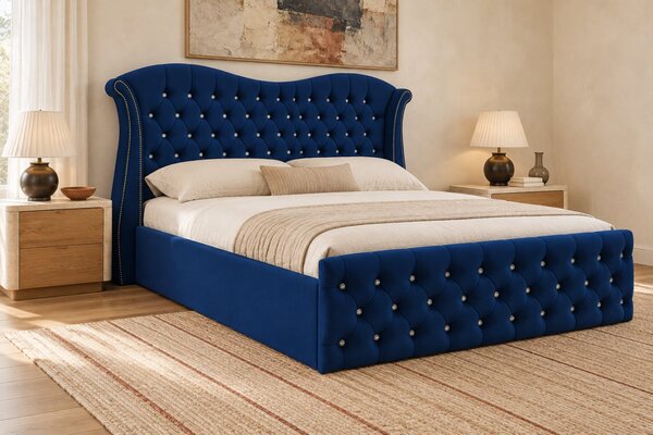 Pat tapițat Chesterfield Avella 140×200 cm, bleumarin, cu ladă de depozitare