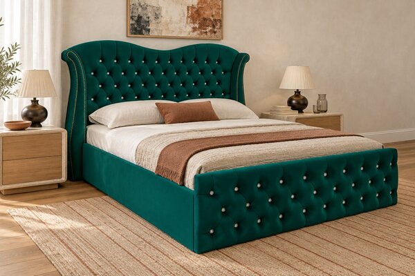 Pat tapițat Chesterfield Avella 140×200 cm, verde, cu ladă de depozitare
