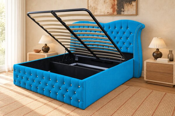 Pat tapițat Chesterfield Avella 140×200 cm, albastru deschis, cu ladă de depozitare