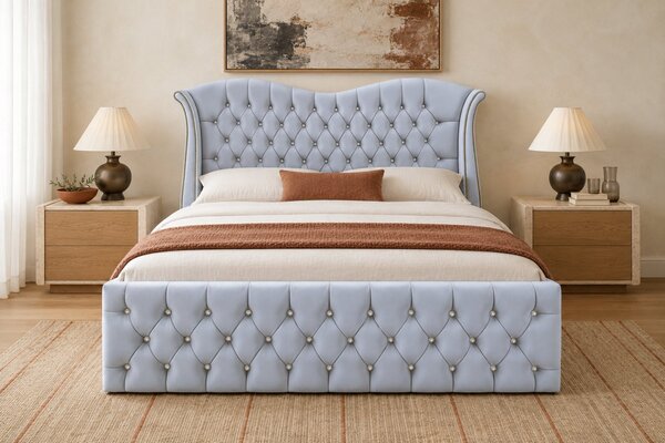Pat tapițat Chesterfield Avella 140×200 cm, gri deschis, cu ladă de depozitare