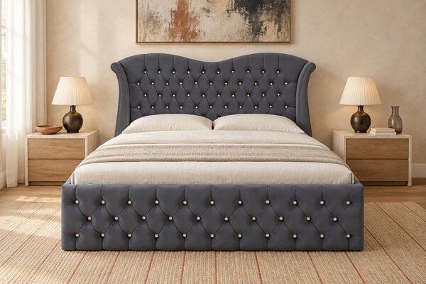 Pat tapițat Chesterfield Avella 140×200 cm, gri închis, cu ladă de depozitare