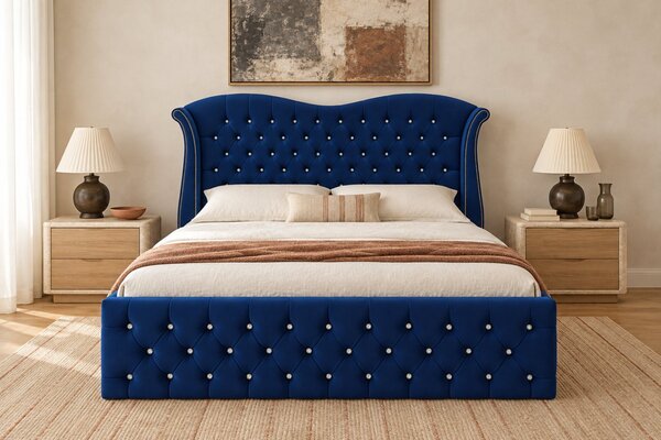 Pat tapițat Chesterfield Avella 140×200 cm, bleumarin, cu ladă de depozitare