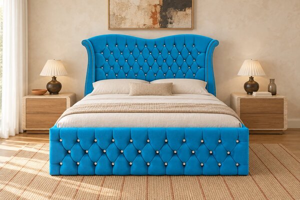 Pat tapițat Chesterfield Avella 140×200 cm, albastru deschis, cu ladă de depozitare