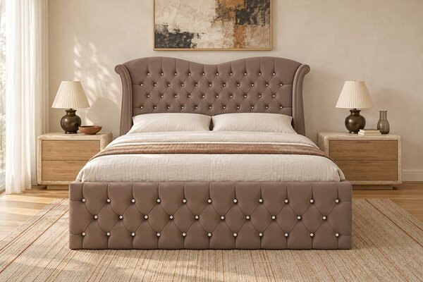 Pat tapițat Chesterfield Avella 140×200 cm, cappuccino, cu ladă de depozitare