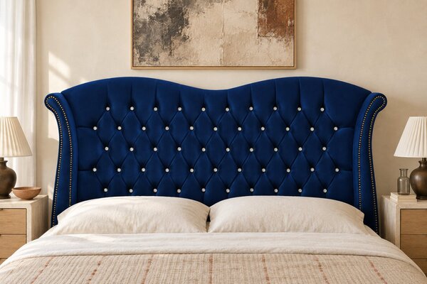 Pat tapițat Chesterfield Avella 140×200 cm, bleumarin, cu ladă de depozitare