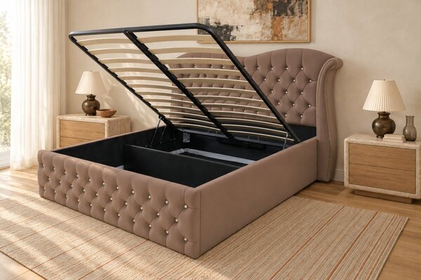 Pat tapițat Chesterfield Avella 140×200 cm, cappuccino, cu ladă de depozitare
