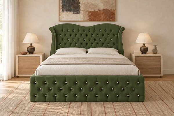 Pat tapițat Chesterfield Avella 140×200 cm, kaki, cu ladă de depozitare