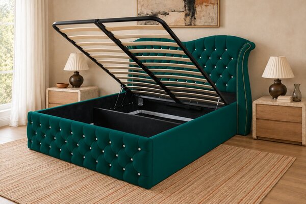 Pat tapițat Chesterfield Avella 140×200 cm, verde, cu ladă de depozitare