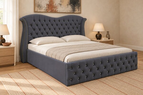Pat tapițat Chesterfield Avella 140×200 cm, gri închis, cu ladă de depozitare