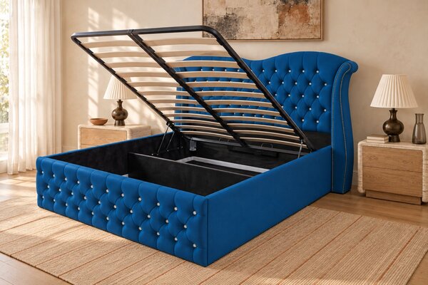 Pat tapițat Chesterfield Avella 140×200 cm, albastru, cu ladă de depozitare