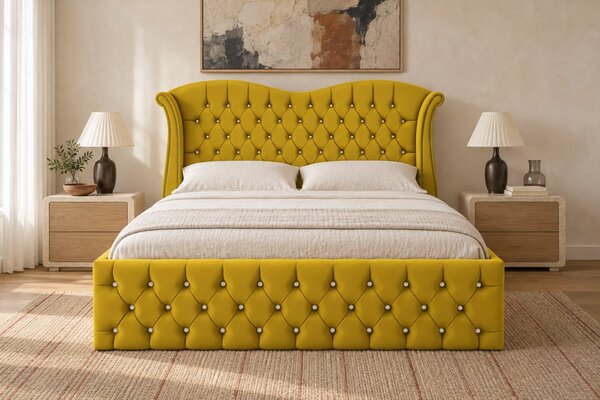 Pat tapițat Chesterfield Avella 140×200 cm, galben muștar, cu ladă de depozitare