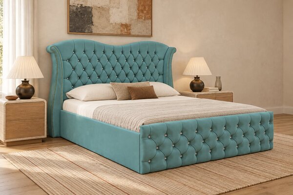 Pat tapițat Chesterfield Avella 140×200 cm, verde marin, cu ladă de depozitare